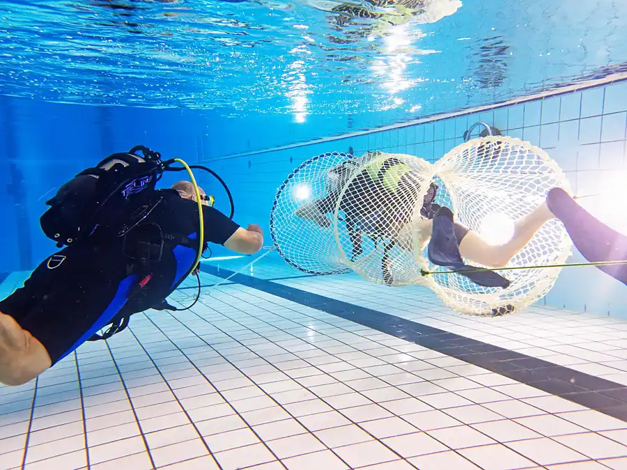 Nettentraining - een duiker houdt zijn duikbuddy binnen een fuik goed in de gaten