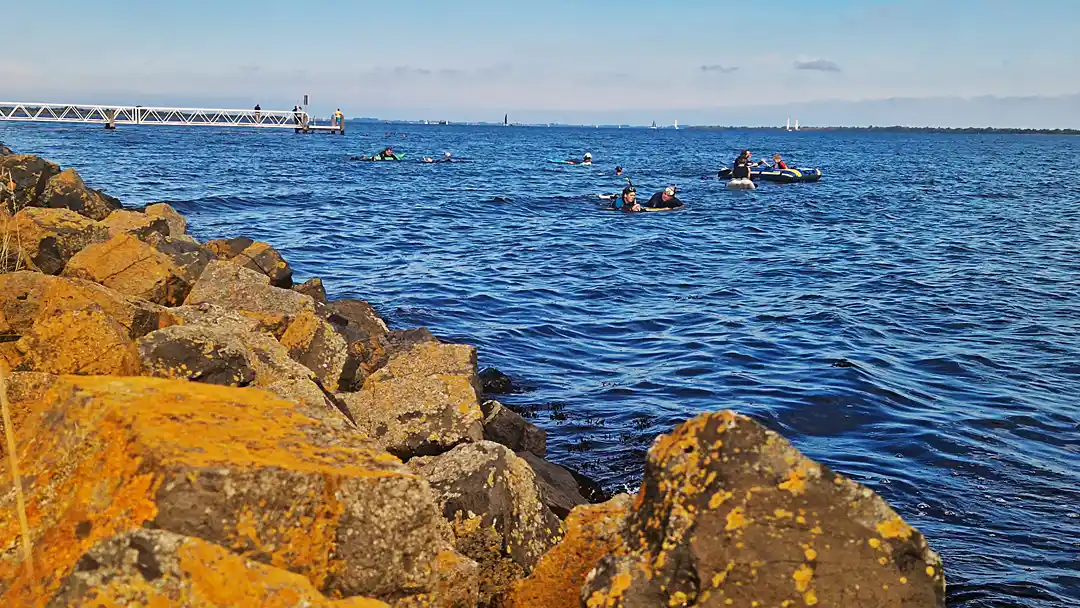 Nagenoeg het hele gezelschap is klaar om aan de lange snorkeltocht te beginnen